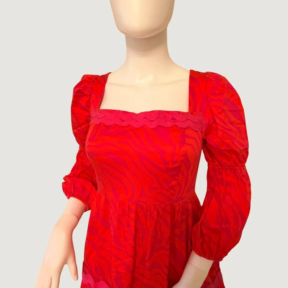NWT Alden Adair Mia Womens Dress Red Pink Zebra Print Ric-Rac Tiered Midi XS